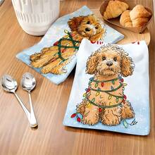 1 set/2 pezzi/100 pezzi Asciugamani da cucina e panni per piatti con motivo di barboncino natalizio con luci, adatti per la decorazione di interni di ristoranti, cucine e bagni, decorazione per feste, regali per festività, come regalo