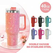 40oz Tumbler With Handle & Straw Lid, Studded Bling Design, Stainless Steel Double Wall Vacuum Insulated, Travel Mug Water Bottle, Fits Cup Holder - 黑色 - 查看 3