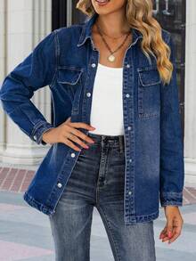 Women's Casual Fashion Street Snap Flap Pocket Denim Jacket, Spring/Autumn