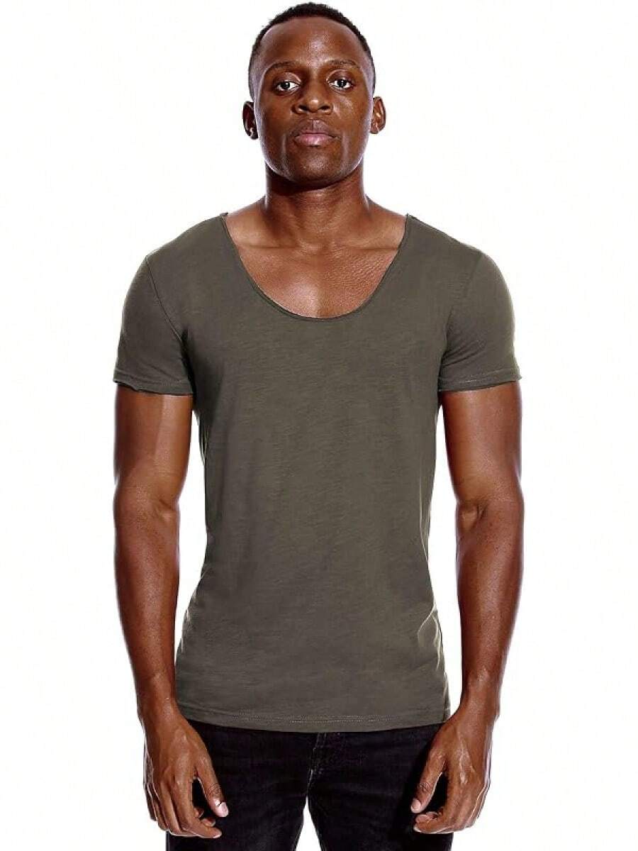Camiseta de cuello en V profundo para hombre, camiseta de escote pronunciado, camiseta invisible, parte superior con cuello en V - Gris - Cuello redondo - Ver 1
