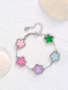 1 件镶嵌水晶和珍珠母设计的三叶草手链，时尚奢华女士日常和派对配饰，适合作为礼物、生日礼物（不含包装盒） - 五葉草銀 - 查看 28