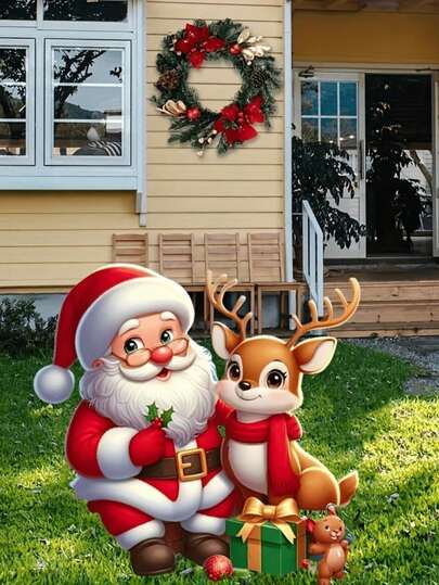 Santa Claus And Reindeer Garden Stakes - 2D Acrylic Flat Animal Theme Lawn Art, Battery-Free, Ideal For Outdoor Christmas Decor