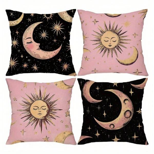 4PCS Moon, Sun And StarBohemian Abstract Pink Celestial Body Decorative Throw Pillow Covers, 17.7*17.7 Inches, Single-Sided Printing, Zipper Closure & Machine Washable - Suitable For Farmhouse, Living Room, Bedroom, Sofa, Porch, Patio, Outdoor Decor, Not Insert Included