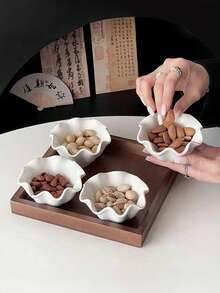 1pc Chinese Tea Snack Plate, Lotus Ceramic Dish, Vintage Home Dry Fruit Plate Set, Candy Snack Tray, Tea Snack Plate, Wooden Serving Tray, Compartment Plate, Ceramic Bowl - Multicolor - View 1