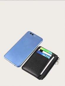 9格超薄拉链信用卡夹，100% PU皮革男士钱包，纤薄简约零钱包，男士钱包，迷你钱包，钱包，秋季卡包 - 黑色 - 查看 4