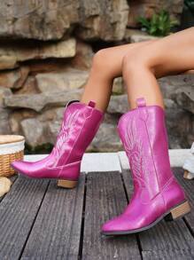 Fall/Winter 2025 Women's New Vintage American Style Embroidered Canvas Pointed Toe Western Boots Charming Sexy Fuchsia Glitter Canvas Chic High Shaft Boots High Heel Chunky Heel Riding Boots Fashionable Punk Style Chelsea Boots,Cowboy Boots - Hot Pink - View 3