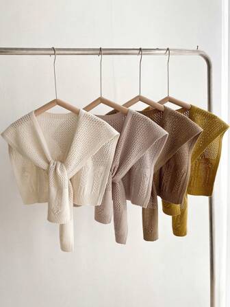 1pc Minimalist High-End Solid Color Floral Hollow Out Knitted Shawl Collar Cardigan, Stylish Shoulder Decor For Air-Conditioned Room, Fashion Versatile Vest