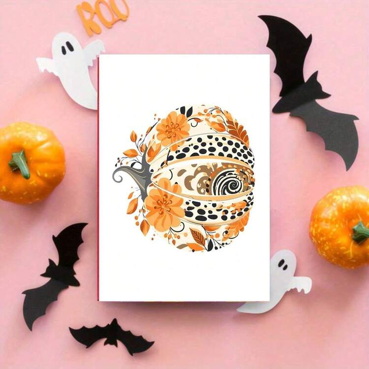 1 张带信封的水彩南瓜便条卡，秋季卡片包，女士秋季文具，秋季卡片内页空白。不给糖就捣蛋 - 紅色 - 查看 4