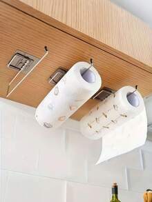 1个无孔浴室厨房毛巾架，强力粘性纸巾卷架，节省空间的多用途收纳容器，适用于浴室、台面和橱柜 - 可容纳多卷纸巾，易于安装，壁挂式收纳设计，不锈钢材质，日常生活必备浴室配件和浴室工具 - 彩色 - 查看 8