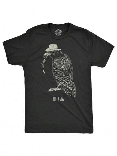 [Outdoor Adventures] Camiseta Gráfica de Cuervo "Yee Caw" para Hombre - Divertida Camiseta de Joke del Cuervo del Sur, Algodón Cómodo, Cuello Redondo, Manga Corta - Ideal para Salidas Casuales y Atuendo Casual