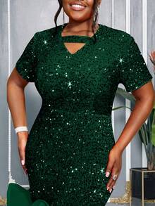 AOMEI Plus Size Sequin Mermaid Ruffle Hem Gorgeous Festival Party Dress Short Sleeve Wedding Guest Outfits