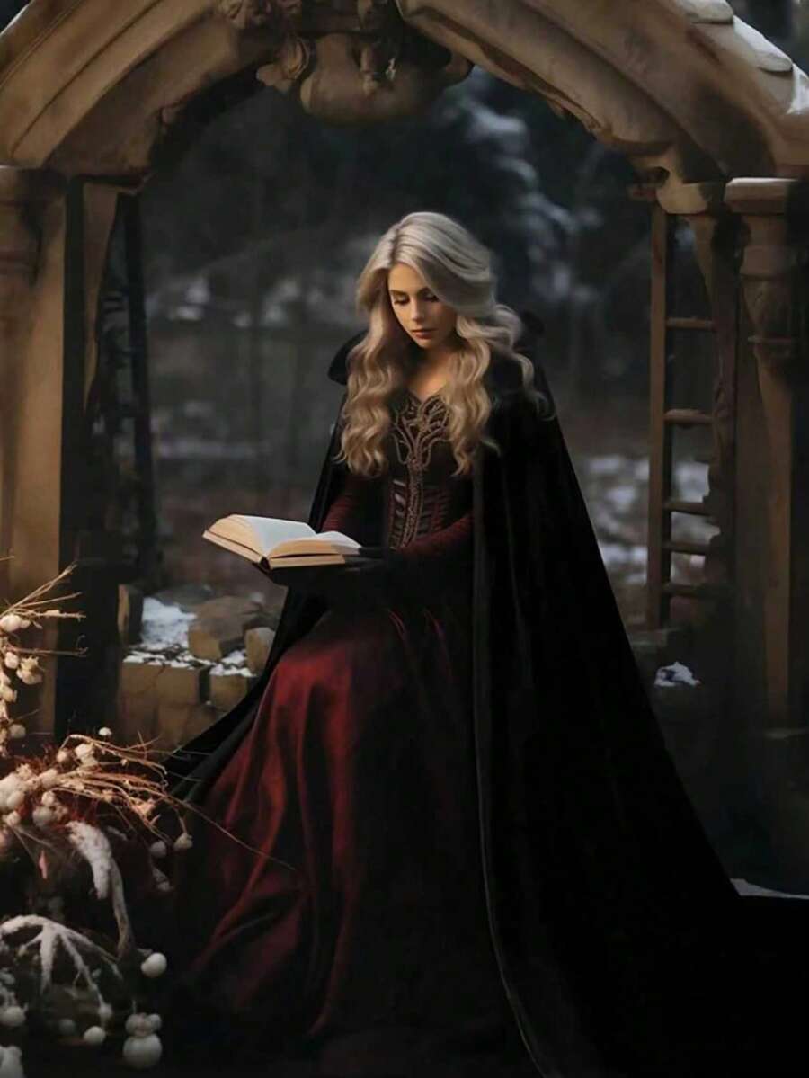 1件高密度天鹅绒女巫连帽斗篷，女士万圣节女王派对角色扮演长袍斗篷，适合万圣节、圣诞节、恶魔、吸血鬼、文艺复兴中世纪服装配饰