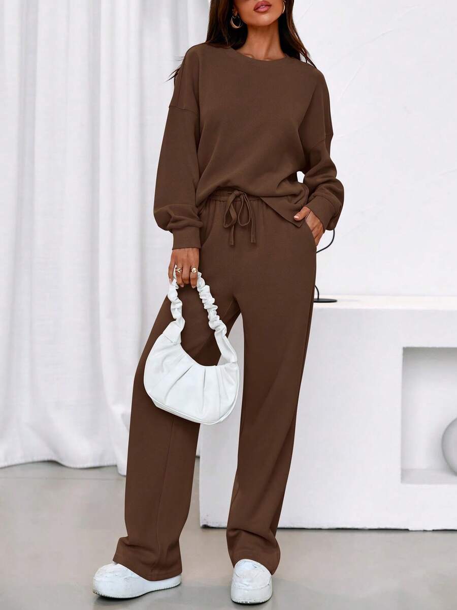 Women's Two-Piece Suit, Sports Suit, Loose Sweatshirt, Sports Pants, Autumn Fashion Casual Matching Suit. - 棕色 - 查看 1