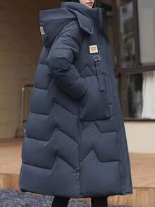 Women Solid Color Hooded Long Sleeve With Pockets Mid-Length Thickened Jacket - Navy Blue - View 2