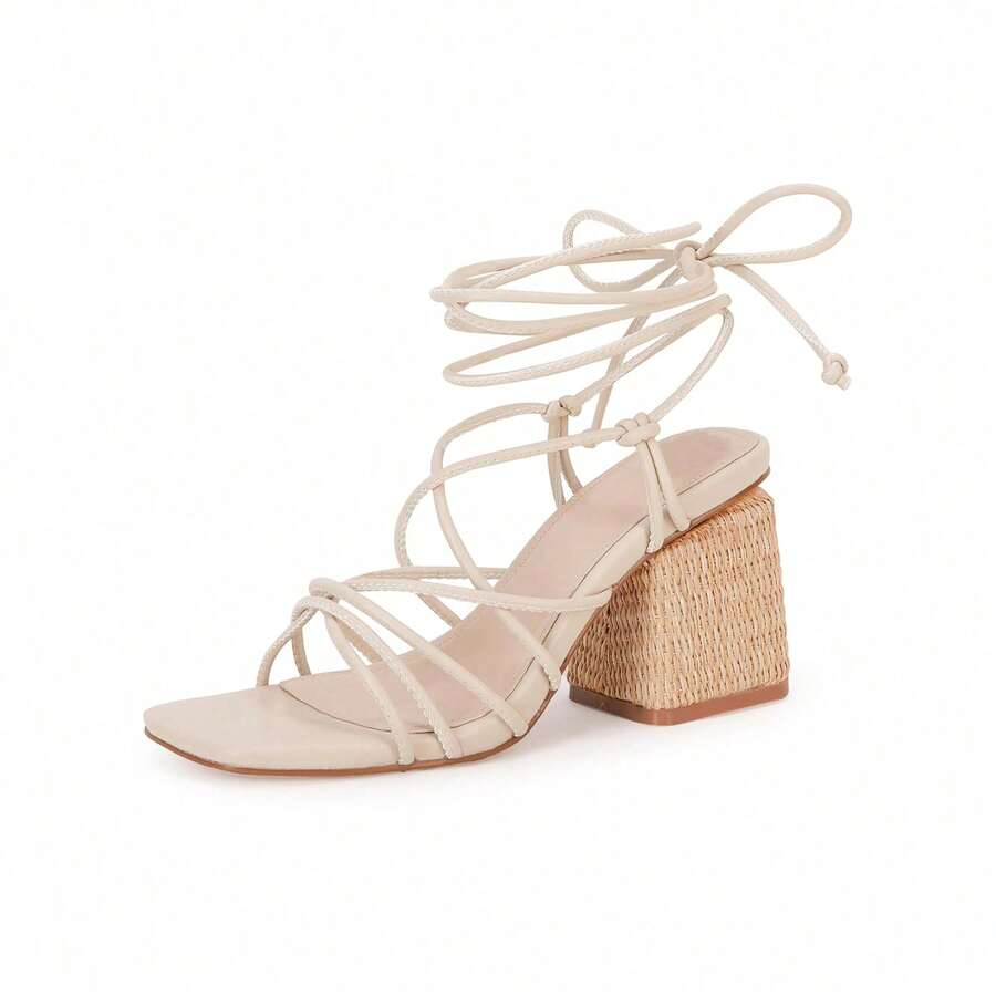 Womens Square Toe Lace-Up Strappy Heeled Sandals Braided Block Chunky Heel Ankle Strap Shoes - Beige - View 1