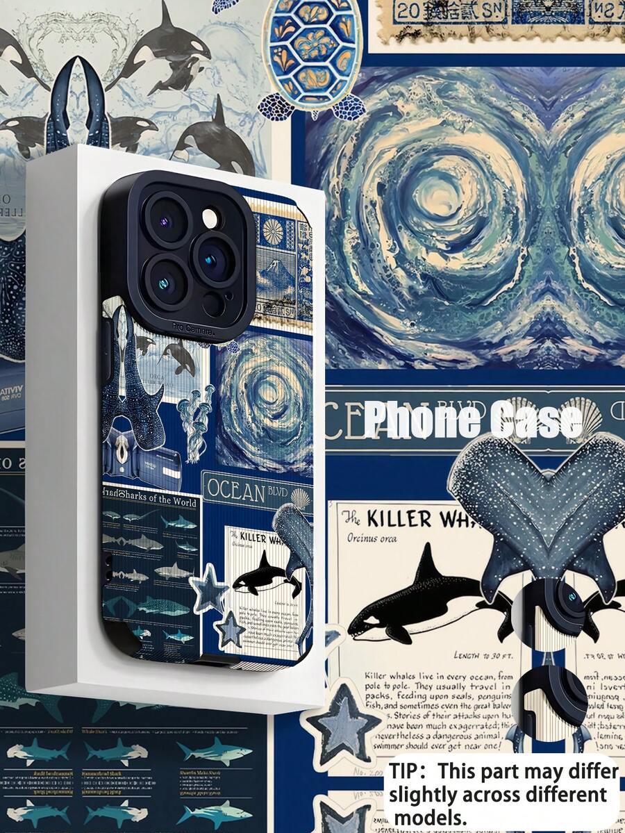 1pc Minimalist Ocean Creature Pattern Vertical Faux Leather Soft Protective Phone Case, Compatible With Apple And 16/16PLUS/16PRO/16PROMAX Waterproof Shockproof Anti-Fall Scratch Resistant - Multicolor - View 1