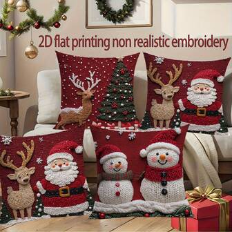 4pcs 2D Christmas Peach Velvet Printed Pillow Covers, 18" X 18" - Santa Claus, Reindeer, Christmas Tree Printed Decorative Cushion Covers, Suitable For Living Room, Bedroom, Sofa, Bed, Outdoor Decor, Pillow Inserts Not Included (Not Real Embroidery)