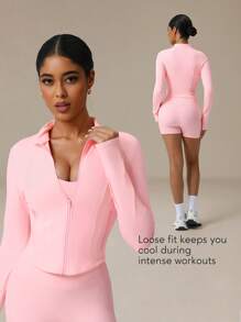 Sodalemon 女士训练上衣 指孔全拉链 带侧拉链口袋 长袖瑜伽健身弹力运动夹克