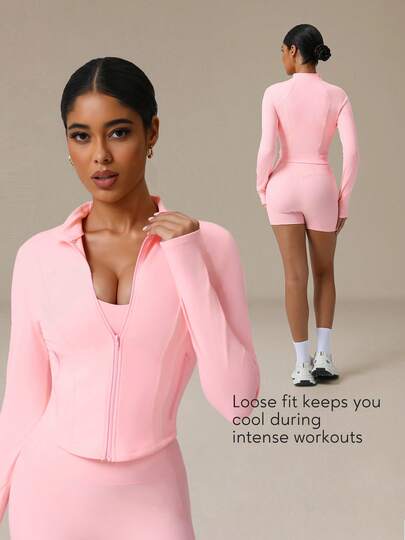 Sodalemon 女士训练上衣 指孔全拉链 带侧拉链口袋 长袖瑜伽健身弹力运动夹克