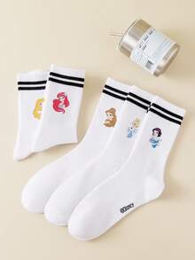 Disney 1/5双公主系列图案女士船袜，黑白条纹，可爱卡通设计，防臭，吸湿排汗，休闲运动风，适合学生/成人作为礼物或日常穿着，袜子 - 彩色 - 查看 2