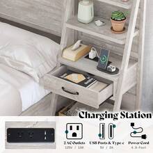 Farmhouse Platform Bed Frame With Wide Headboard & 4-Tier Bookshelves, Charging Station, 2 Storage Drawers, Noise-Free, No Box Spring Needed - 質樸的白色 - 查看 7
