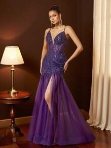 Vestido de graduación azul elegante con paneles, abalorios y lentejuelas - Vestido de fiesta elegante para eventos formales, bodas, cenas y graduaciones para mujeres