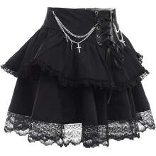 Womens High Wiast Black Mini Skirt Cute Lace Up Chain Gothic Pleated Skirts For Women - 黑色 - 查看 4