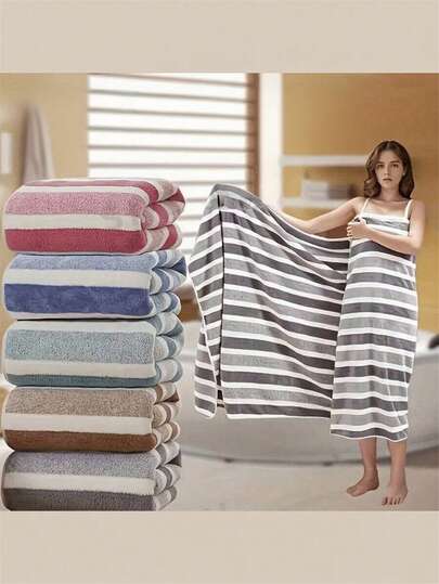 1 pieza Juego de toallas de baño de rayas ultra suaves y de secado rápido, toalla de playa fácil de limpiar, adecuada para camping, spa, autocaravana y playa, toalla de baño de felpa coral con rayas anchas, toalla suave y absorbente de secado rápido para el hogar, salón, hotel, deportes, cuidado de la piel