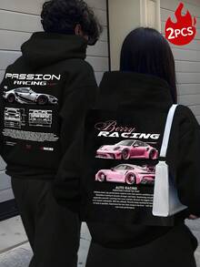 Bộ 2 áo nỉ nỉ, áo nỉ có mũ in hình đua xe dành cho cặp đôi, áo nỉ dài tay dáng regular fit, chi tiết dệt gân, unisex, quà tặng ngày Valentine. - đen - Xem 2