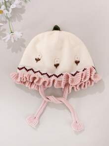 1pc Baby Cute Ruffle Flower Winter Warm Outdoor Earflap Princess Style Knitted Bonnet Hat - 1PC - View 6