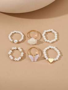 6pcs/Set Girls Butterfly, Pearl, Flower, Heart Shaped Ring Set - Multicolor - View 2