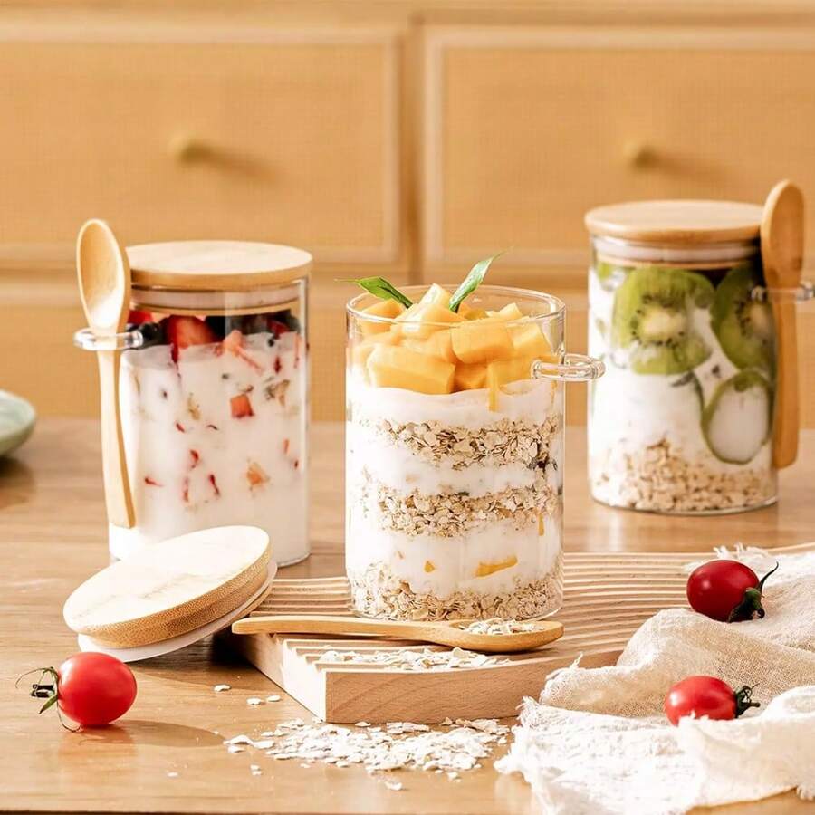 1pc Plastic Food Container With Lid And Spoon, Portable And Reusable Overnight Oats Jars For Picnic, Meal Prep Containers, For Overnight Oats, Pudding, Yogurt And Salad, Kitchen Organizers And Storage, Kitchen Accessories