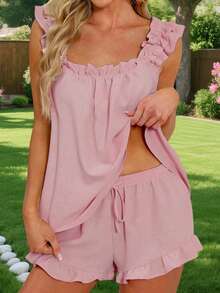 Women's Summer Lounge Set Ruffle Shoulder Strap Tank Tops Drawstring Shorts Sleepwear Sets - Orange Pink - View 4