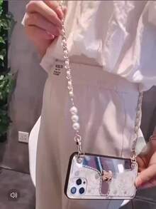 耐用时尚的仿珍珠和仿皮革斜挎手机挂绳 - 优雅的肩带配件，高端女士加长斜挎手机挂绳，奢华圆珠链，适用于包袋和手机壳，通用防丢挂带，带夹子