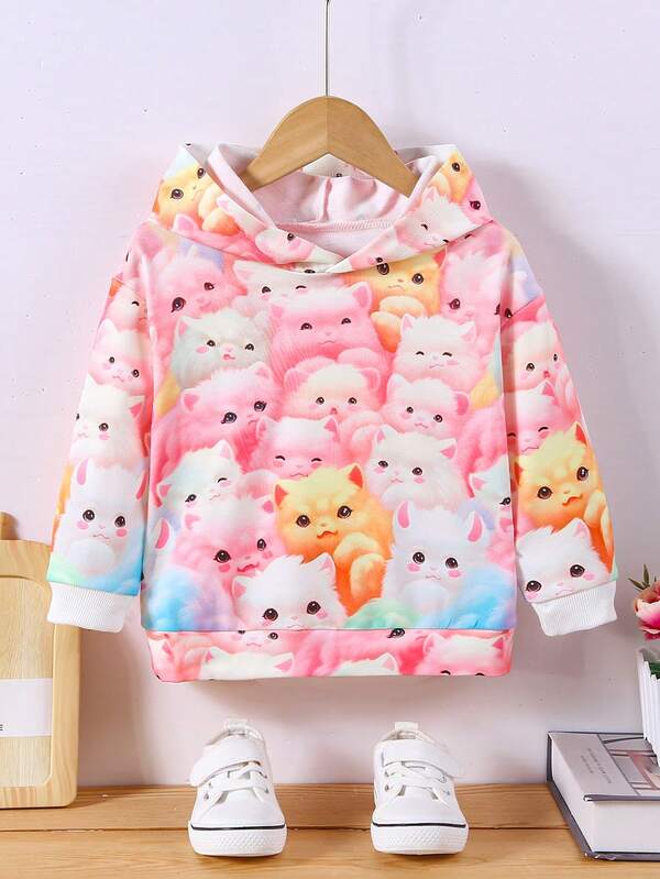 طقم بلوزة هودي فضفاضة مريحة مطبوع عليها رسوم قطط جميلة، ملابس شتوية للبنات، ملابس شتوية للأطفال، ملابس خريفية للبنات، ملابس للمراهقات، ملابس للأطفال