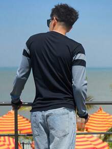 Impala Playera manga larga para hombre con bloques de color estilo casual deportivo |playera manga larga hombre, playera deportiva casual, camiseta bloques de color, playera gris y negra, ropa casual hombre, playera ligera manga larga, camiseta moderna hombre, playera combinada hombre, moda masculina casual, camiseta regular fit. - Azul - Ver 3