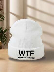 1pc Men's Embroidered Knit Beanie Hat, Stylish & Personalized For Fishing, Skiing, Camping, Elastic Pullover Hat, Autumn/Winter