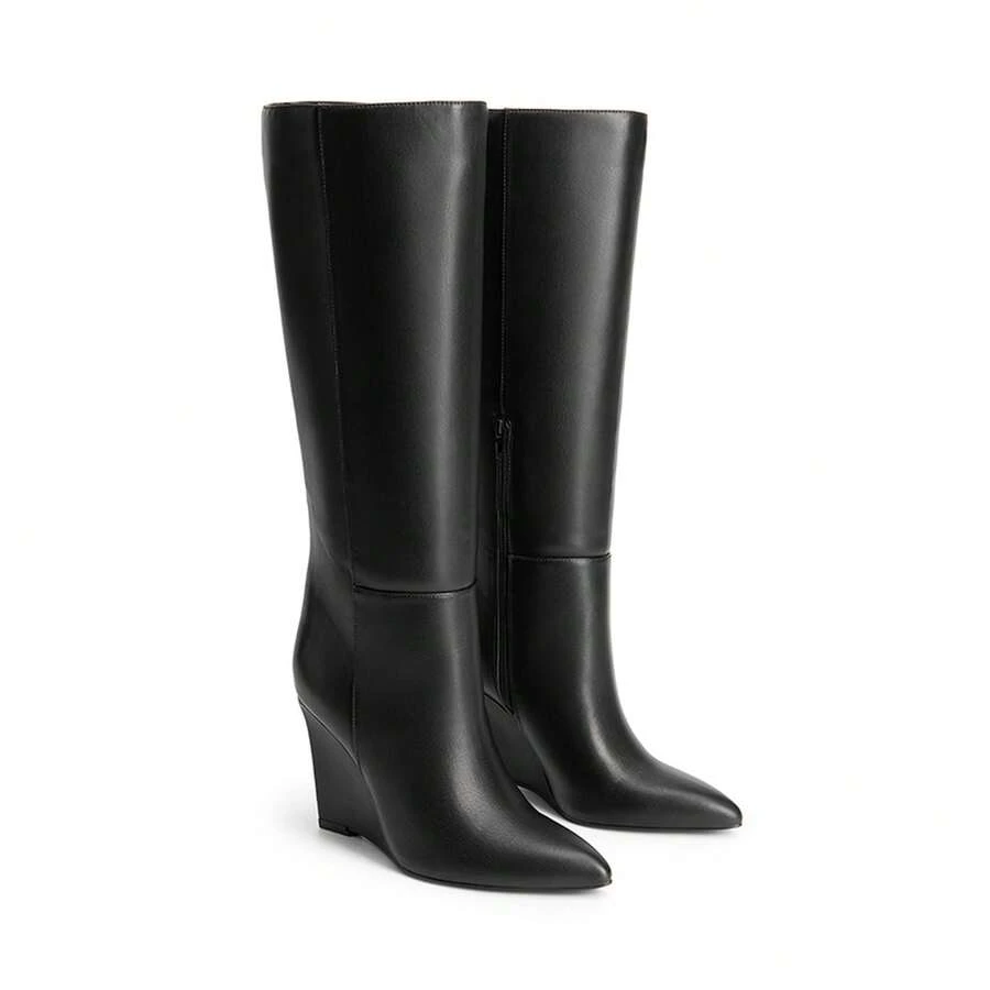 Women's Wedge Heel Knee High Boots Pointed Toe Side Zip Tall Boots Solid Color Retro Fashion Y2k Boots For Autumn/Winter