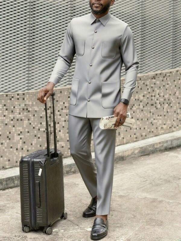 Ensemble chemise et pantalon Dashiki gris pour hommes - Chemise col classique et manches longues avec boutons en métal argenté et quatre poches, pantalon à taille élastique. Ensemble 2 pièces confortable et élégant inspiré de l'Afrique, idéal pour le casual, les fêtes, les mariages et les événements culturels