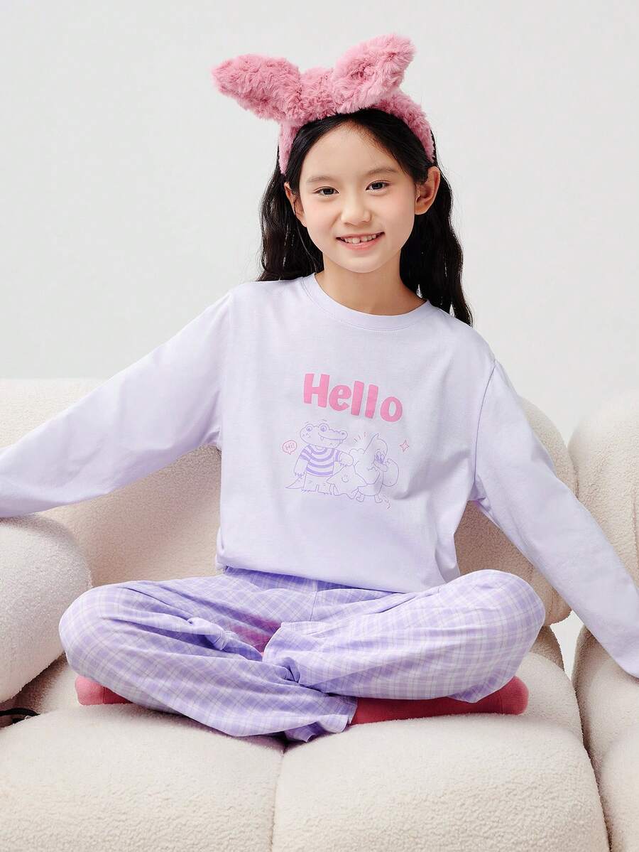 Balabala 2件套/套 少女款 2025 春季新款纯棉字母卡通印花上衣和裤子睡衣套装,男女童通用 - 白紫色調 - 查看 1