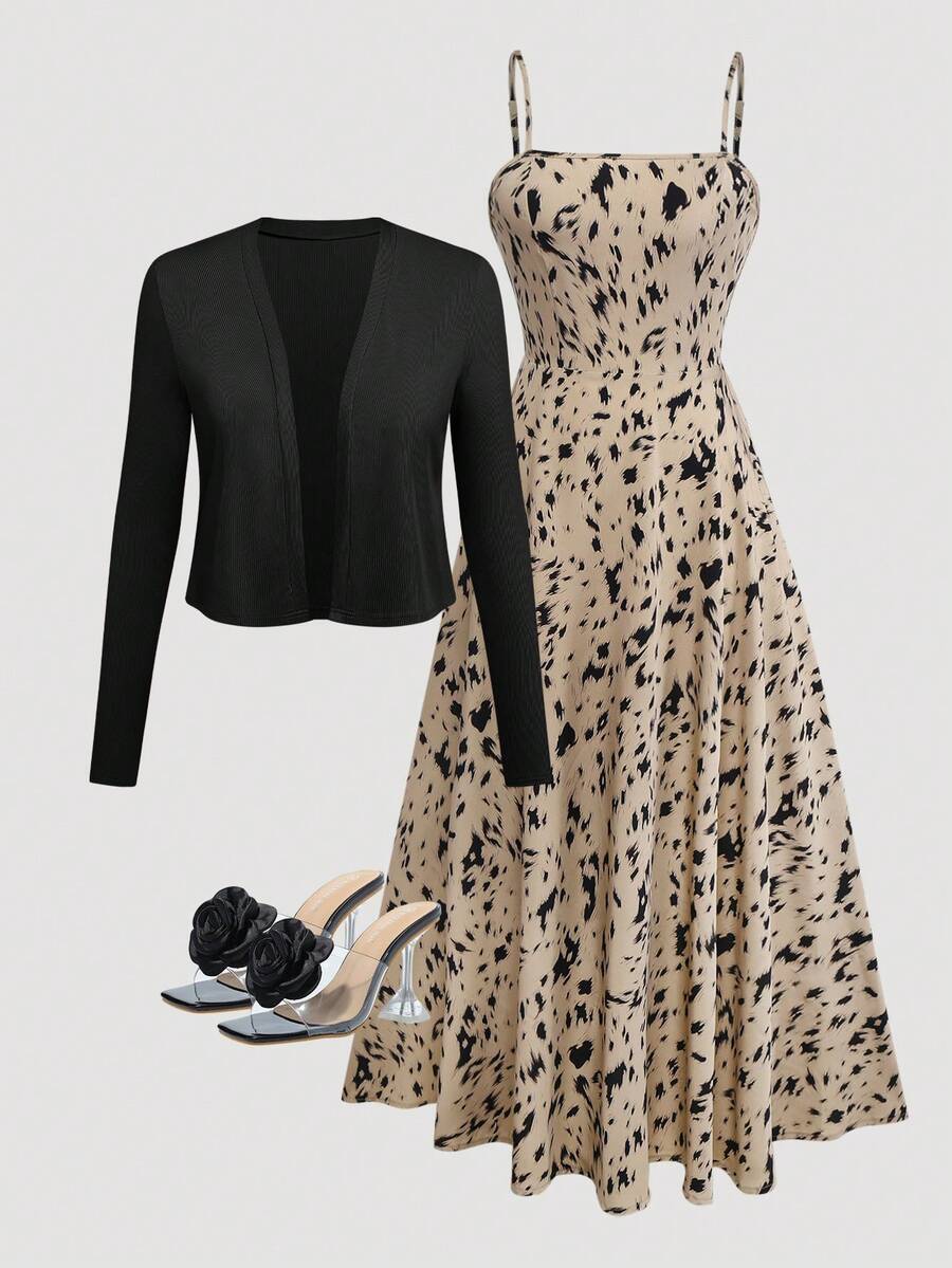 Damen elegantes Leoparden-Muster Trägerkleid mit ausgestelltem Saum & flauschiger Strickjacke Set