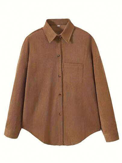 Camisa casual de manga larga con botones delanteros y bolsillo, de unicolor, talla grande