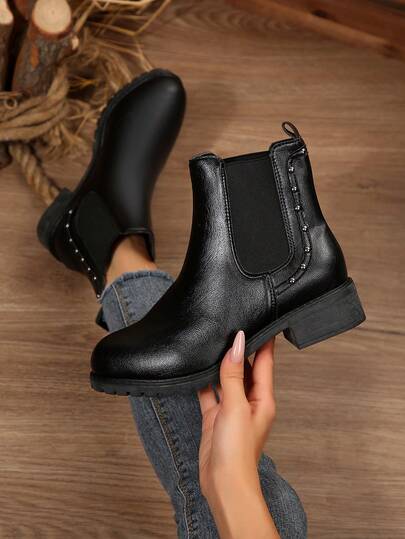 Botas de tobillo con remaches elásticos, botas de tobillo casuales de unicolor con tacón grueso cómodo, uso cómodo, adecuado para adolescentes en otoño/invierno