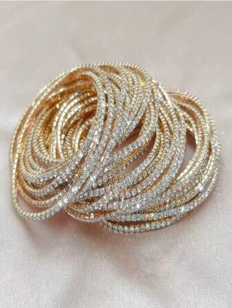 1pc/6pcs/12pcs Gold Color Single Row Cubic Zirconia Tennis Bracelet Elastic Bangle For Women Multi Layered Streetwear Jewelry