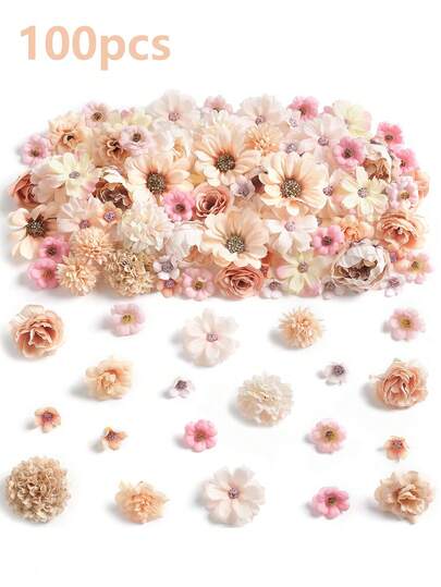100 piezas de cabezas de flores artificiales, surtido de tamaños de flores sintéticas, flores falsas mini, flores de margarita, adecuadas para manualidades de boda, decoración del hogar, decoración de Halloween, decoración navideña, suministros para coronas, regalo ideal para fiestas festivas