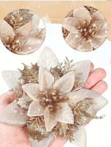 Conjunto de 10 flores de poinsétia douradas champanhe com prendedores, flores de Natal com glitter, flores artificiais luminosas, ótimas para decoração de árvores e guirlandas de Natal, decoração de árvores, casamentos, decorações de festas de fim de ano, celebrações em casa, festas de Natal, flores artificiais de Natal com glitter, enfeites para árvore de Natal, decorações de Feliz Natal para casa, presentes de Ano Novo.