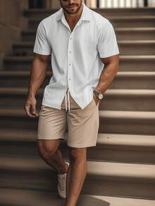 Conjunto informal de dos piezas para hombre (camisa de manga corta lisa + pantalón corto con cordón) - Blanco - Ver 2