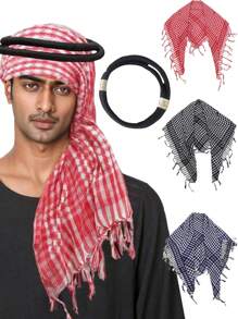 3-Piece Set Arabic Men's Headscarf, Middle East Dubai Shawl Scarf, Includes 1 Solid Bohemian Polyester Headband And 1 Hand-Knitted White Cap, Boho Style, Suitable For Middle East Travel/Arabic Outfit/Bohemian Fashion