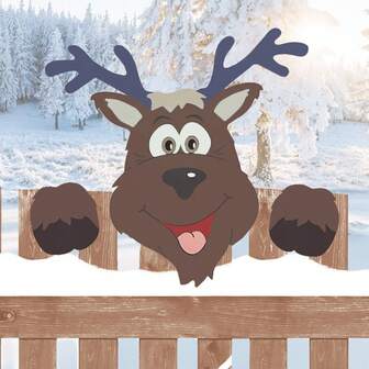 Christmas Fence Peeker Decoration Reindeer Pattern Yard Fence Sign Cartoon Xmas Winter Garden Decoration For Christmas Holiday Party Outdoor Decor