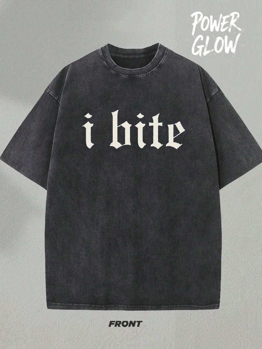 I Bite Graphic Tee Washed T-Shirt Holiday Gifts Y2K Men's Graphic Tees, Street - Style Vintage Washed T - Shirts, 230G Cotton T - Shirts, 100% Pure Cotton, Unisex Graphic Tees  Halloween Back To School  Shirts - 黑色 - 查看 1